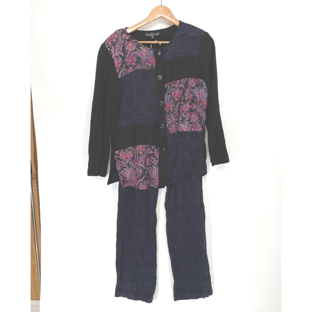 VTG Carole Little Womens‎ Pant Set 12 2pc Black Navy Paisley Patchwork Boho
